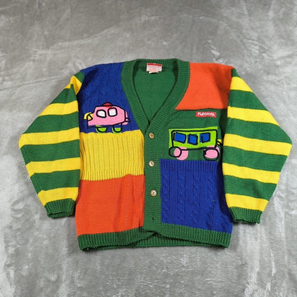 Vintage Playskool Cardigan Kids Large Colorblock Sweater Wool Blend 90s Hasbro